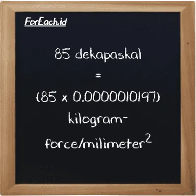 Cara konversi dekapaskal ke kilogram-force/milimeter<sup>2</sup> (daPa ke kgf/mm<sup>2</sup>): 85 dekapaskal (daPa) setara dengan 85 dikalikan dengan 0.0000010197 kilogram-force/milimeter<sup>2</sup> (kgf/mm<sup>2</sup>)